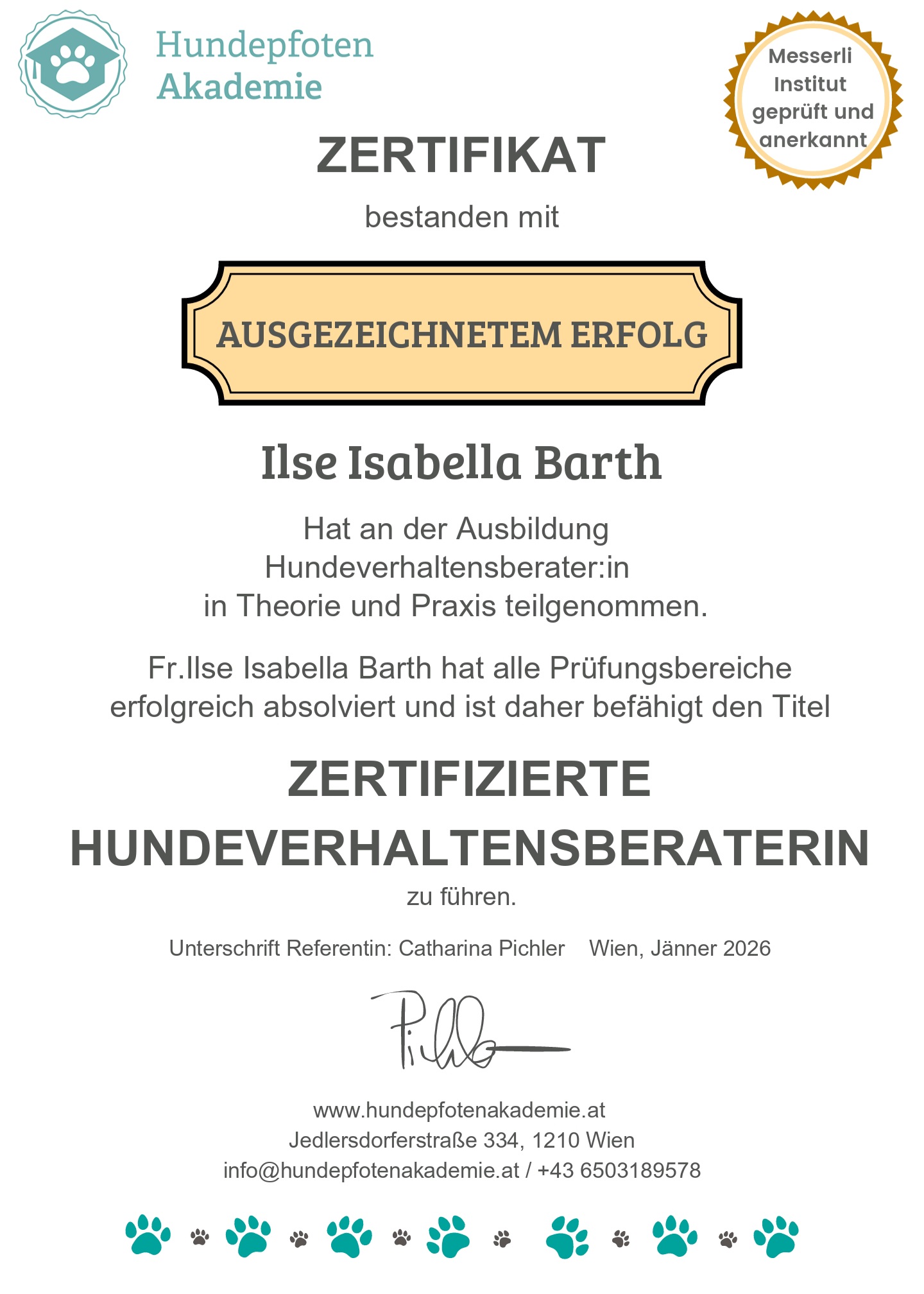Zertifikat Hundeverhaltensberaterin Isabella Barth