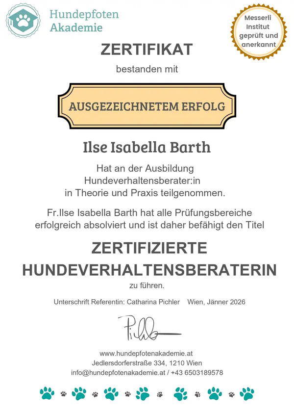 Zertifikat Hundeverhaltensberaterin Isabella Barth