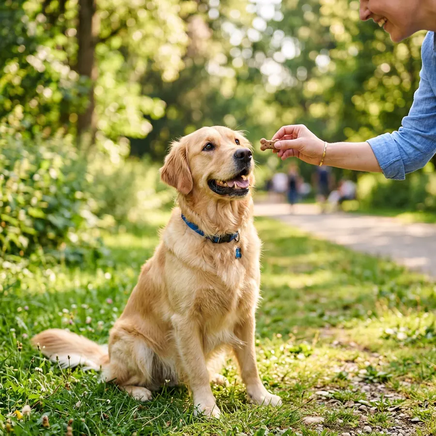 Hund bekommt Belohnung im Park