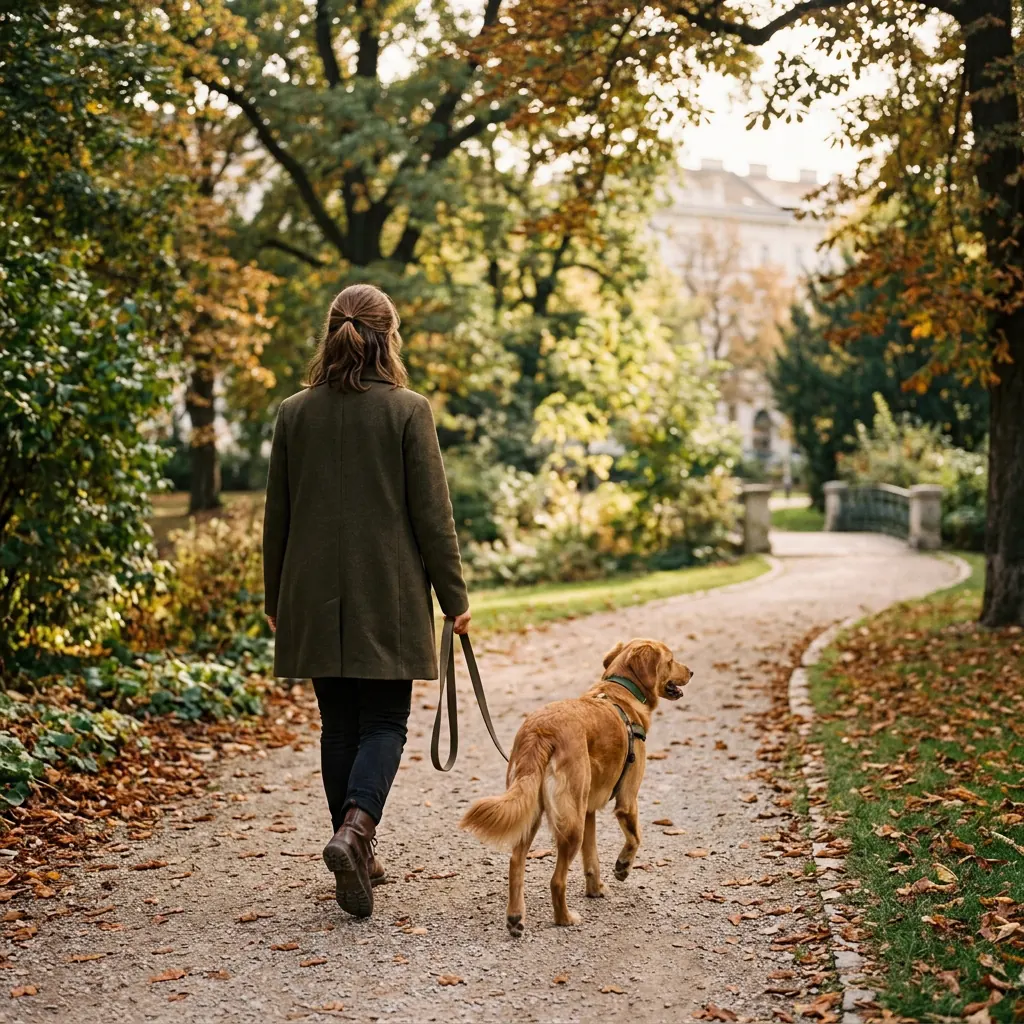 Hund und Halterin gehen entspannt an lockerer Leine über einen Weg im Wiener Park