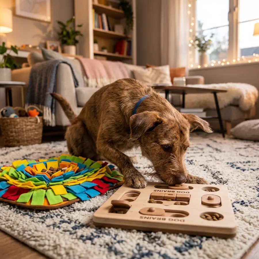 Hund beschäftigt sich mit Intelligenzspielzeug im Wohnzimmer