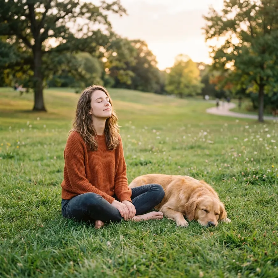 Entspannte Person meditiert mit Hund