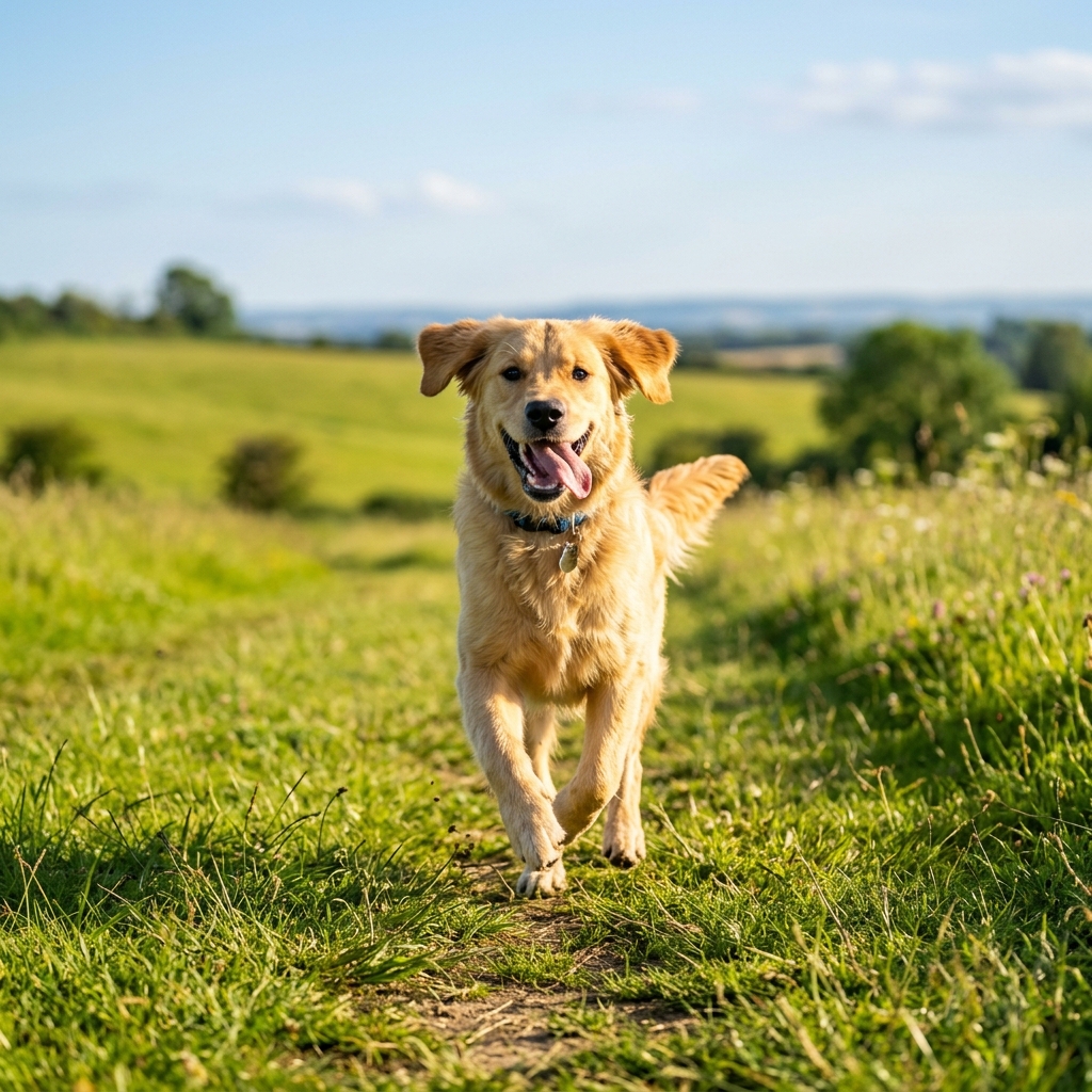 Hund rennt glücklich und schnell auf seinen Besitzer zu