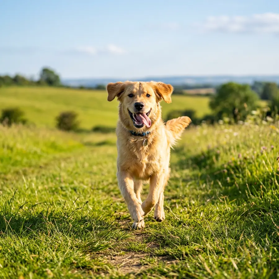 Hund rennt glücklich und schnell auf seinen Besitzer zu