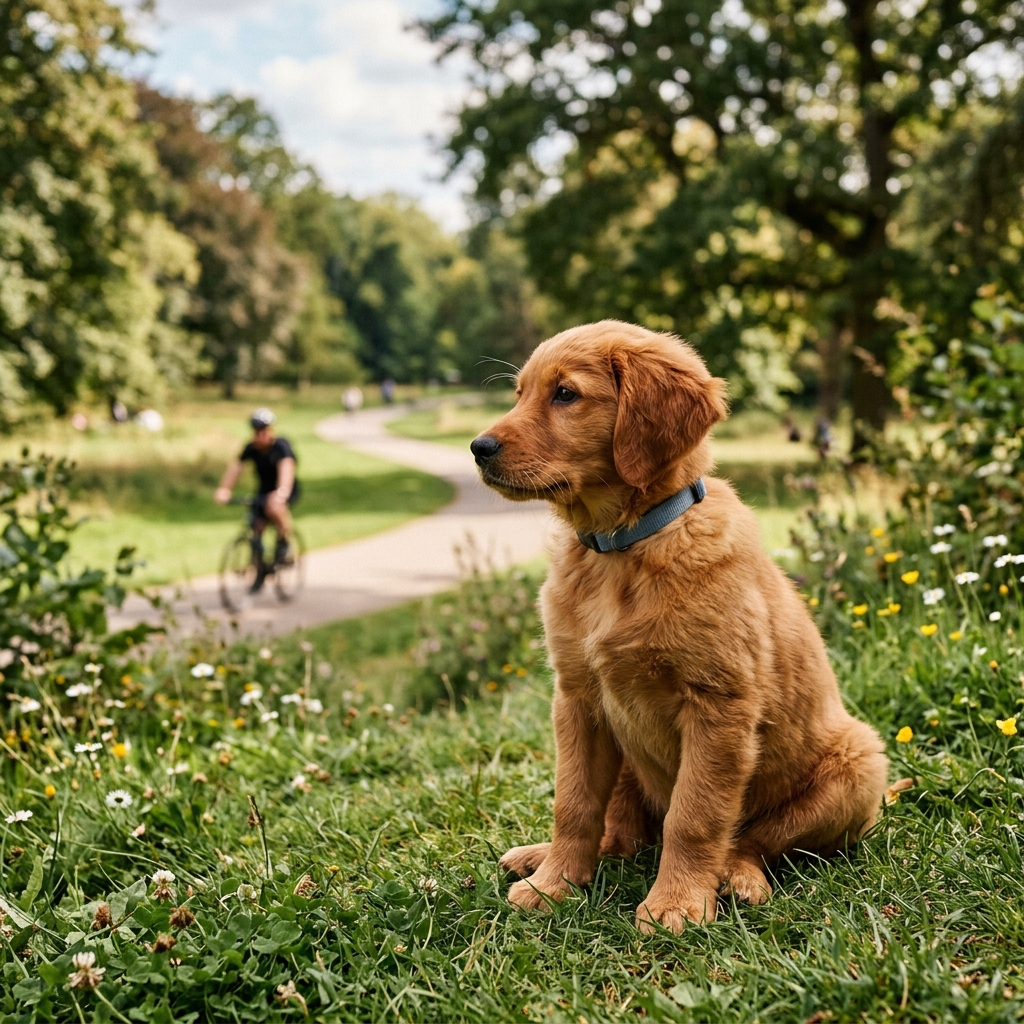 Süßer Welpe trifft einen anderen Hund auf Augenhöhe im Gras