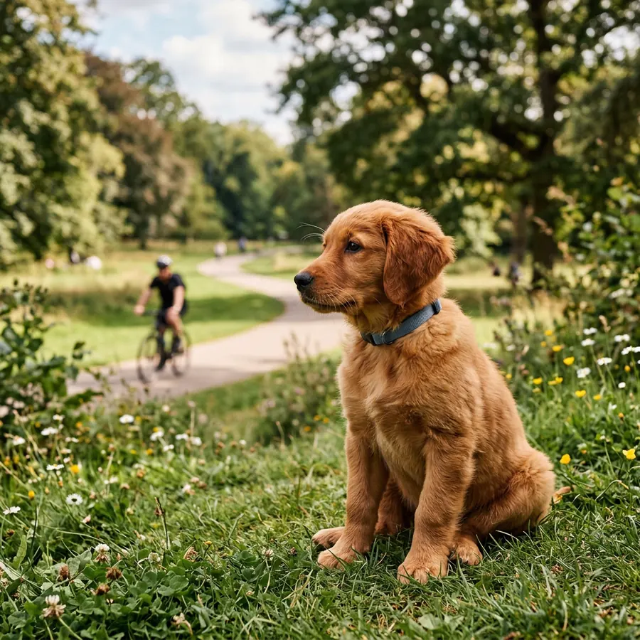 Süßer Welpe trifft einen anderen Hund auf Augenhöhe im Gras