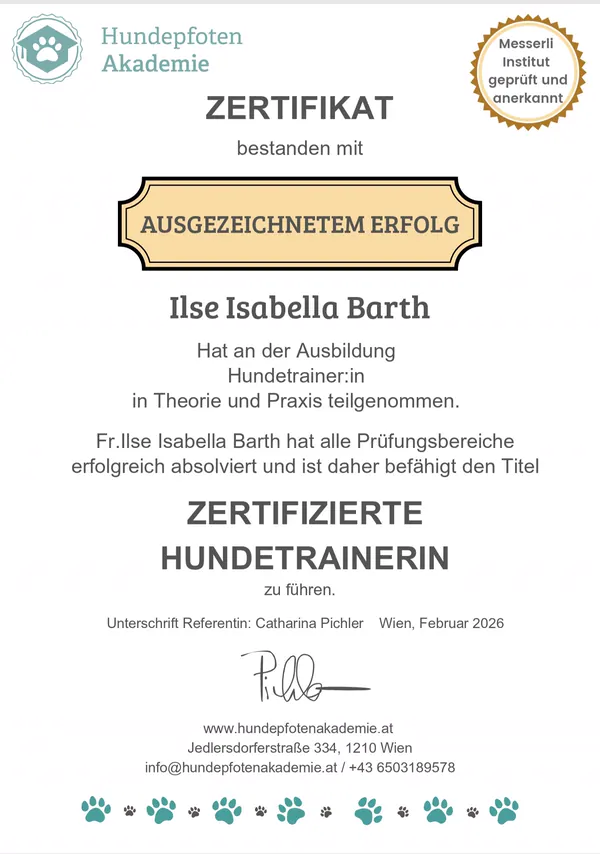 Zertifikat Hundetrainerin Isabella Barth